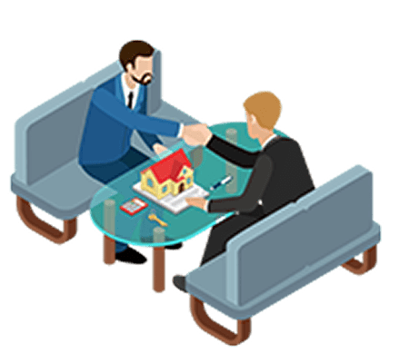  ソファーに向かい合いに、座っている人と人が握手しているイラスト